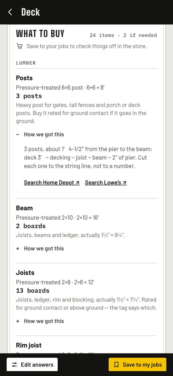 StudSheet on a phone, light theme: the deck Sheet’s What to buy list, with How we got this open on the posts.