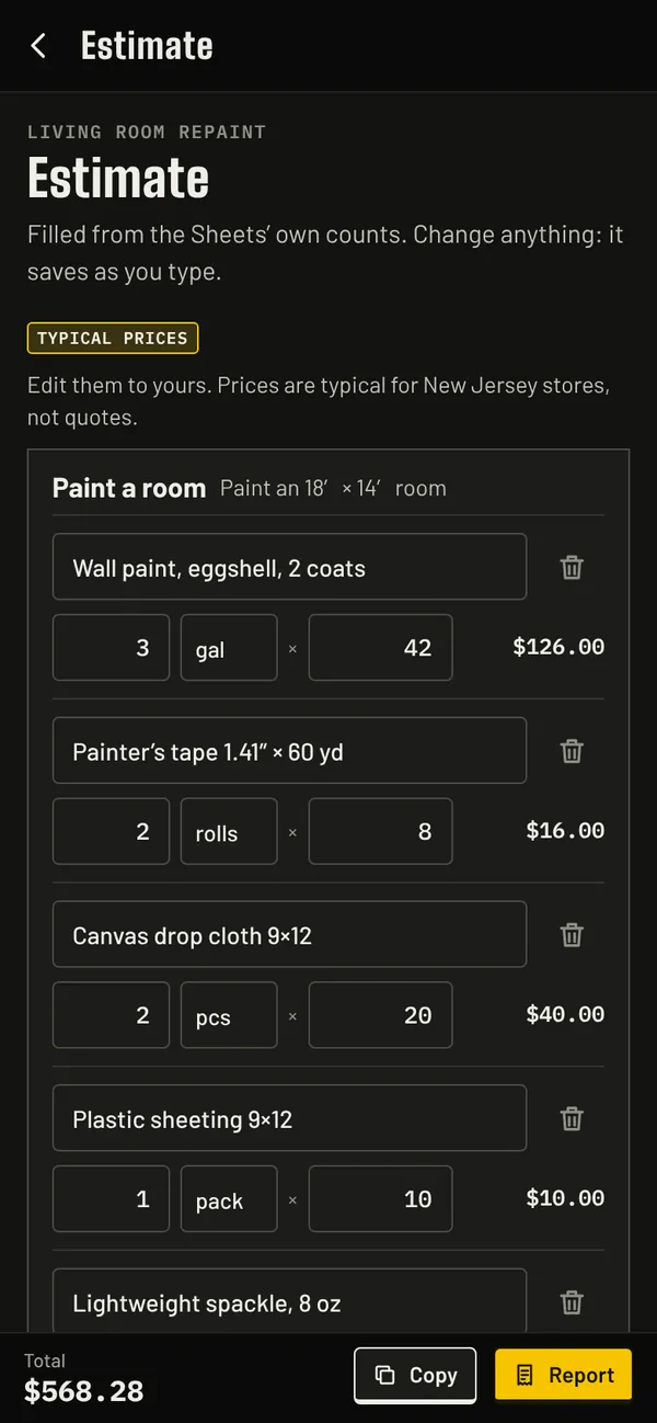 StudSheet on a phone in the dark theme: an estimate filled from the paint Sheet’s counts, total $568.28.